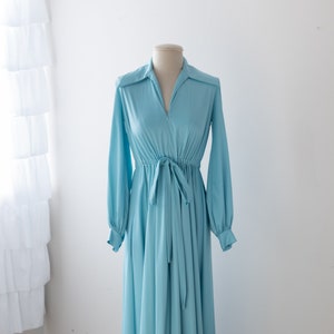 Size M/L, 1970s Iris Blue Long Sleeve Tie Waist Night Dress image 1