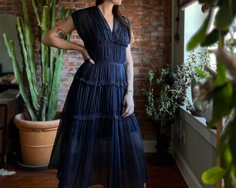 Size M, 1950s Sheer Navy Blue Accordion Pleated Sheath Dress