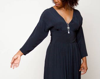 1990s Black Long Sleeve Back Button Down Midi Swing Dress - S/M