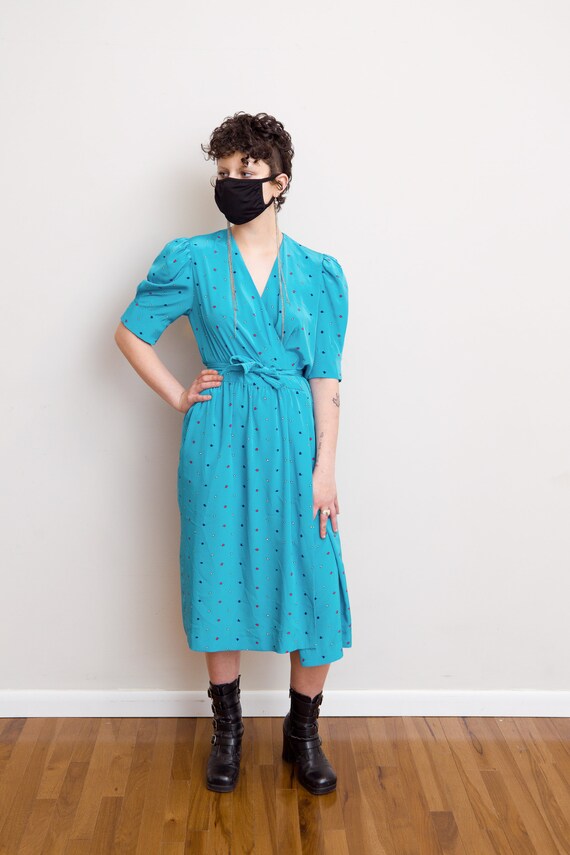 Size M, 1990s Turquoise Wrap Secretary Dress - image 5