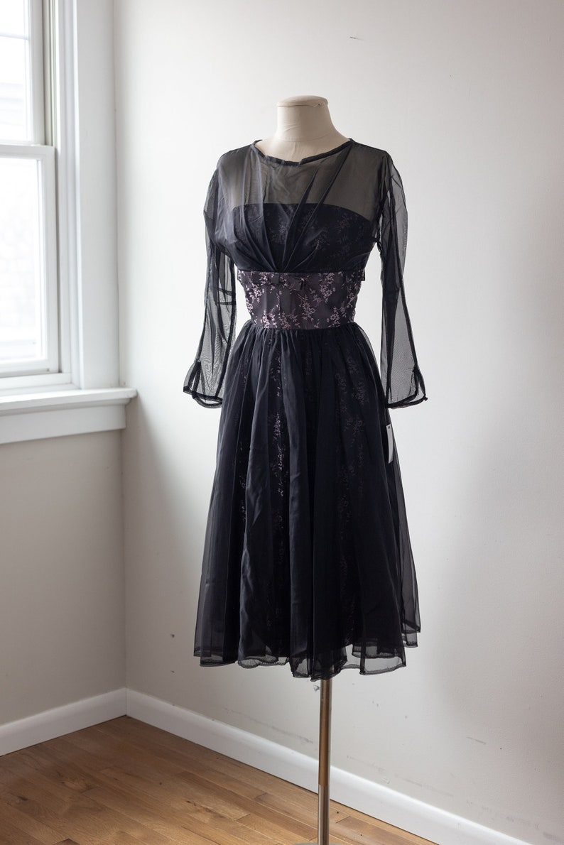 Size XS/S, 1950s Handmade Sheer Black and Pink Layered Evening Dress image 1