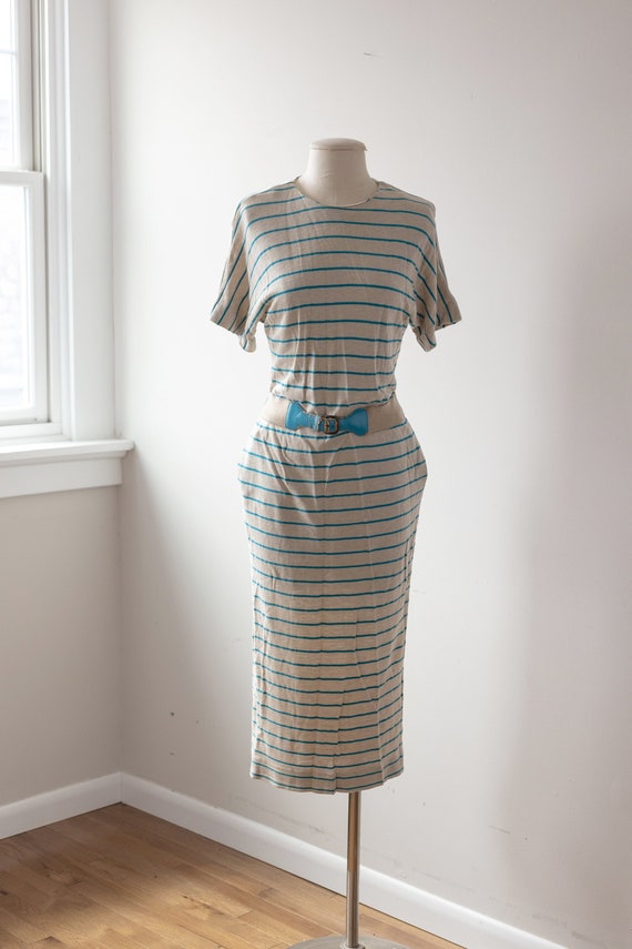 Size M, 1980s Beige Striped Stretchy Jersey Maxi D