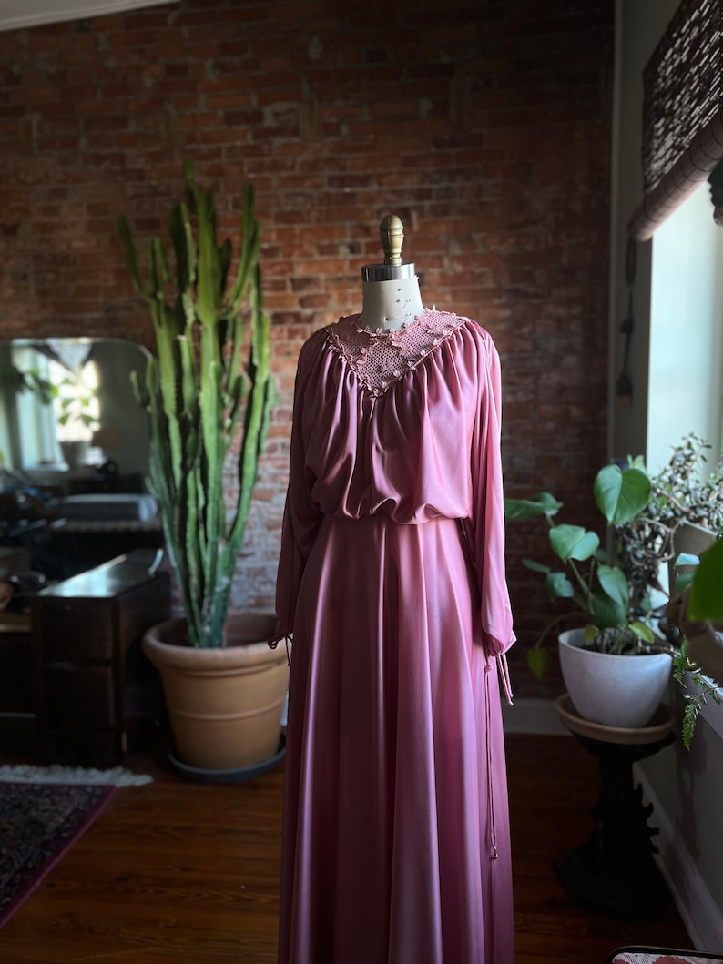 Size XS/S, 1970s Dusty Rose Poly Maxi Dress w/Batwing Cutout Sleeves / DR157 image 1