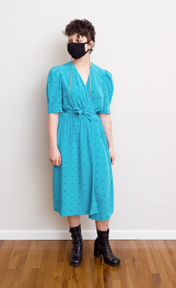 Size M, 1990s Turquoise Wrap Secretary Dress - image 4