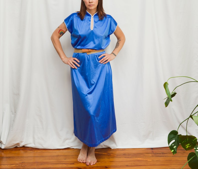 1970s Silky Blue Mandarin Collar Maxi Night Dress Size M