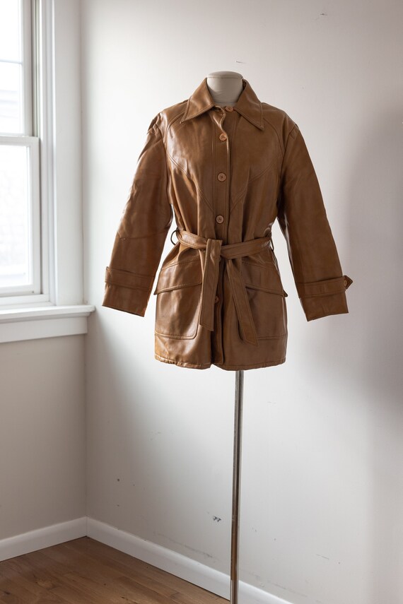 Size L, 1970s Tawny Caramel Vinyl Coat w/Tie Belt - image 1