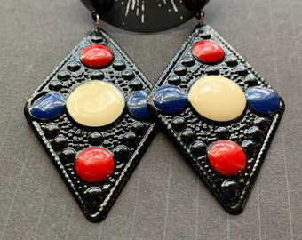 002 - 1980s Black Metal and Enamel Dangling Diamond Studs