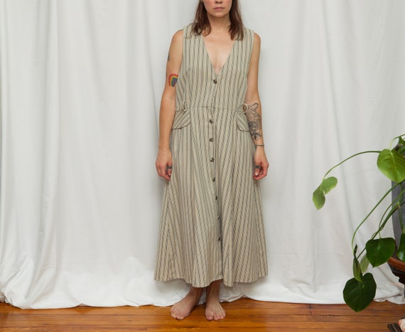 Size L, 1990s Linen Pinstriped Tank Apron Dress