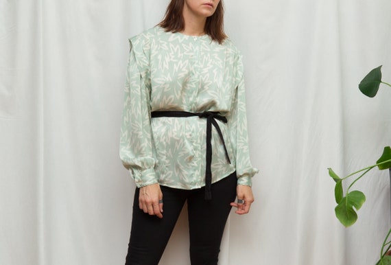 Size L, 1980s Silky Mint Sage Squiggle Blouse by … - image 3