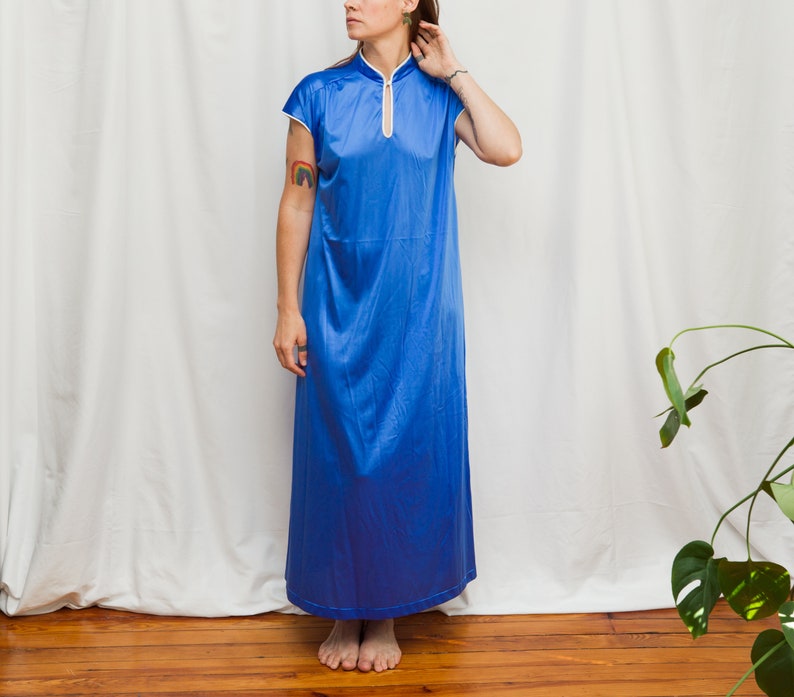 1970s Silky Blue Mandarin Collar Maxi Night Dress Size M