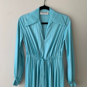 Size M/L, 1970s Iris Blue Long Sleeve Tie Waist Night Dress image 5