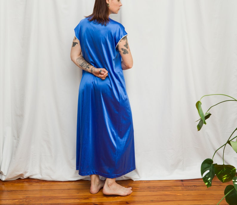 1970s Silky Blue Mandarin Collar Maxi Night Dress Size M