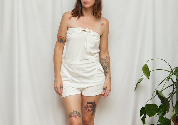Size S/M, 1970s White Terrycloth Pocketed Romper