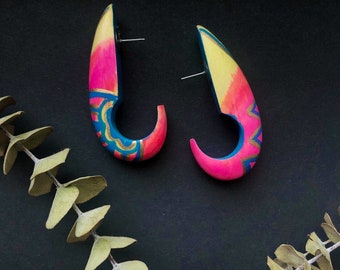 012 - 1980s Fluorescent Hand-painted Wooden Hook Stud Earrings