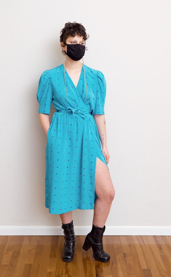 Size M, 1990s Turquoise Wrap Secretary Dress - image 2