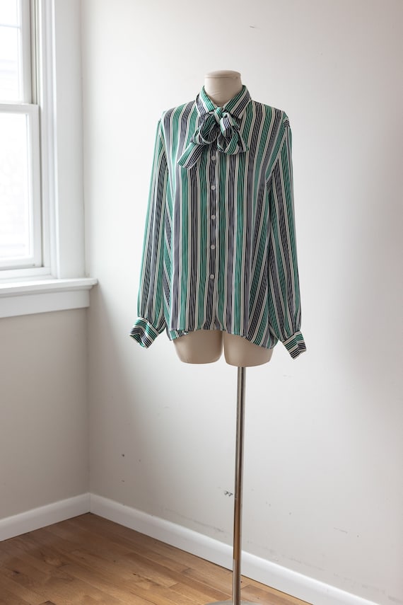 Size XL • 1980s Silky Striped Button Down Bow Blo… - image 1