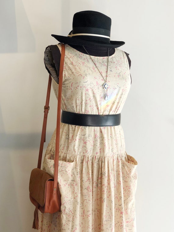 Size L, 1980s Peach Graphic Print Tank Apron Dress