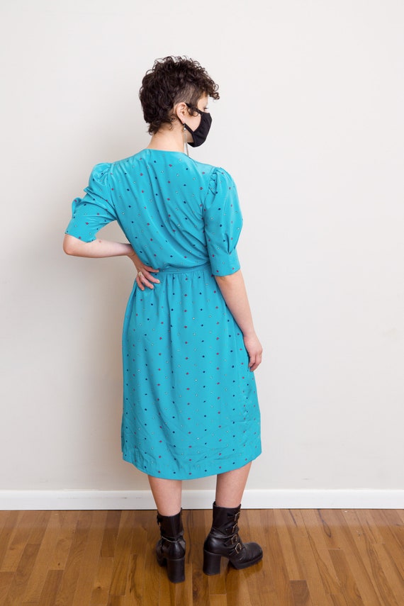 Size M, 1990s Turquoise Wrap Secretary Dress - image 9