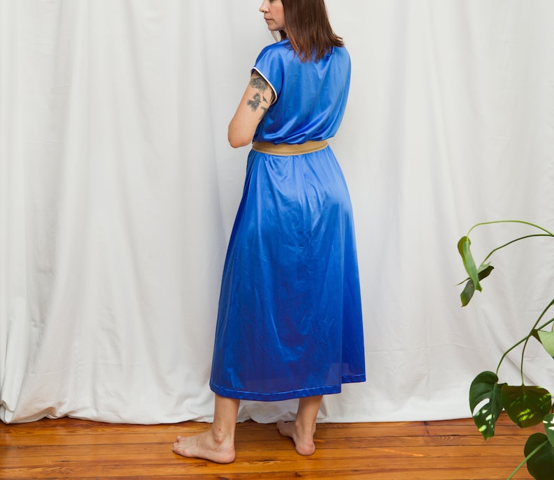 1970s Silky Blue Mandarin Collar Maxi Night Dress Size M