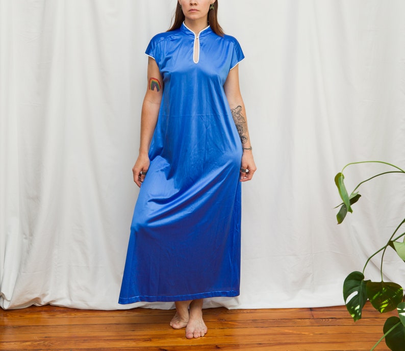 1970s Silky Blue Mandarin Collar Maxi Night Dress Size M