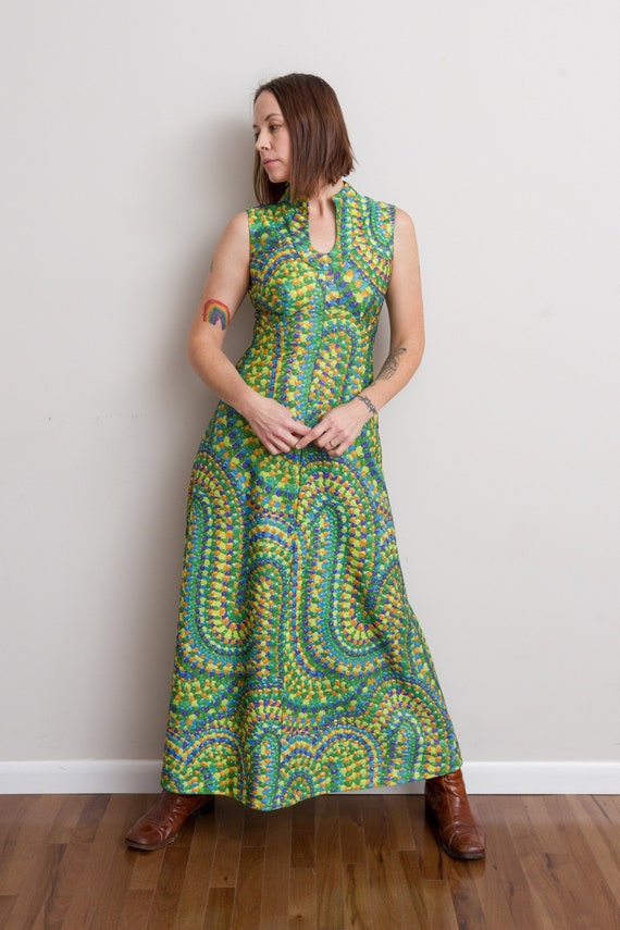 Size M, 1970s Green Psychedelic Print Maxi Dress