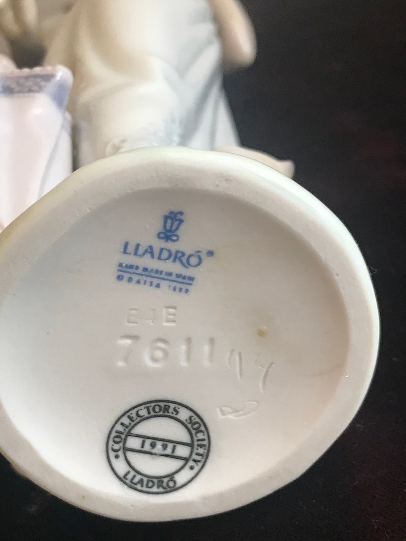 May include: White porcelain figurine with a blue and white dress and a white umbrella. The figurine is marked with the Lladro logo, "Hand Made in Spain", and the number "761114". The base of the figurine also has a black circle with the text "Collectors Society 1991 Lladro".