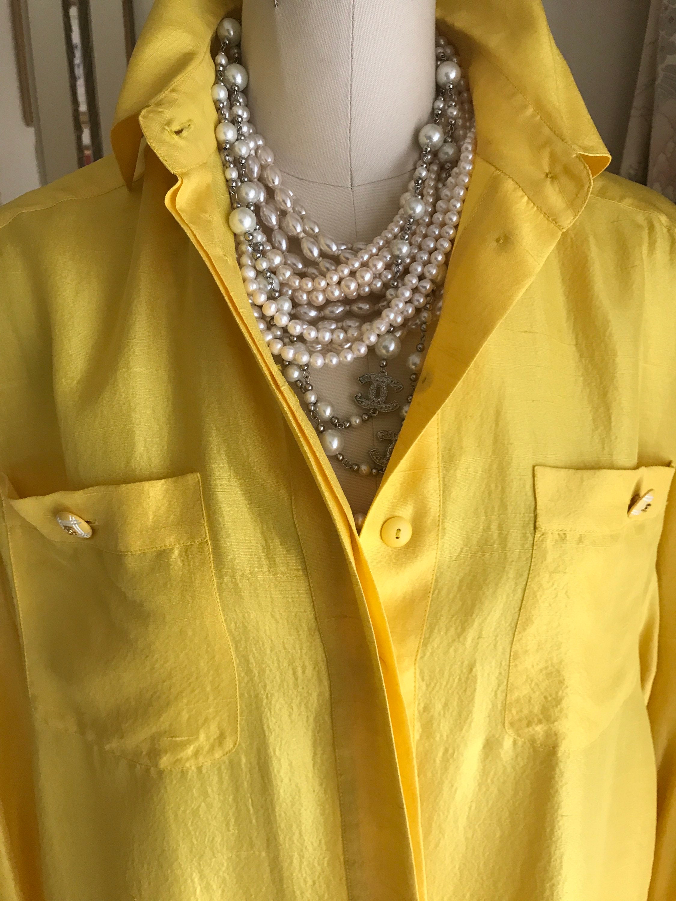 Vintage Chanel Blouse Silk Shirt Yellow Shirt Blouse Pleats 