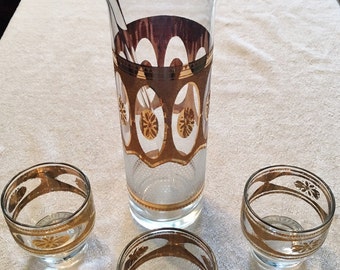 Vintage Mid Century Culver Pitcher with Glass Stir Stick and 3 Glasses with Gold Gilt Starburst Design Barware