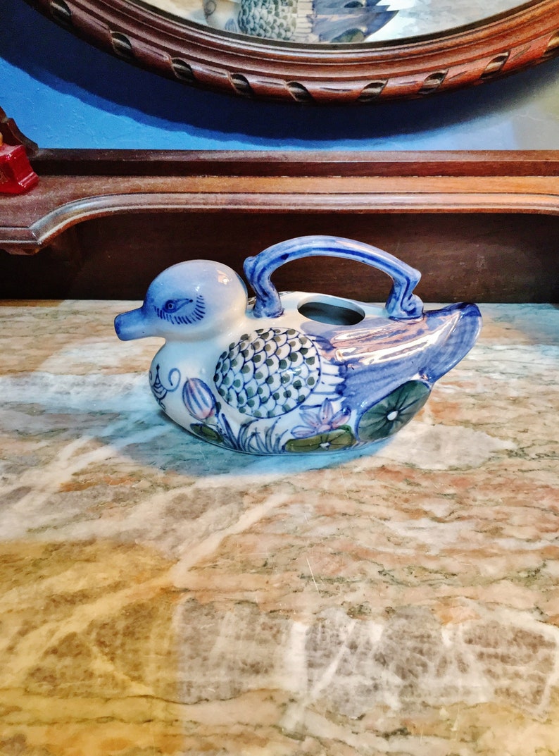 Vintage Ceramic Hand Painted Blue White Pink and Brown Duck Top Handle Teapot Green
