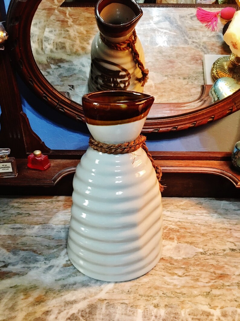 with Ribbed Design and Rope on Neck Vintage Japanese Ceramic Pitcher Saki or Water Circa 1970/'s