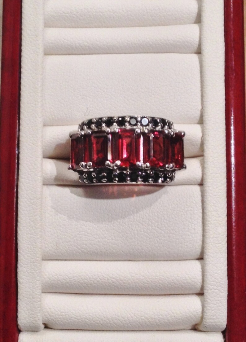 5 Stone Octagon Cut Garnet and Black Spinel Ring Sterling Silver Size 6