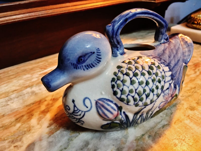 Vintage Ceramic Hand Painted Blue White Pink and Brown Duck Top Handle Teapot Green