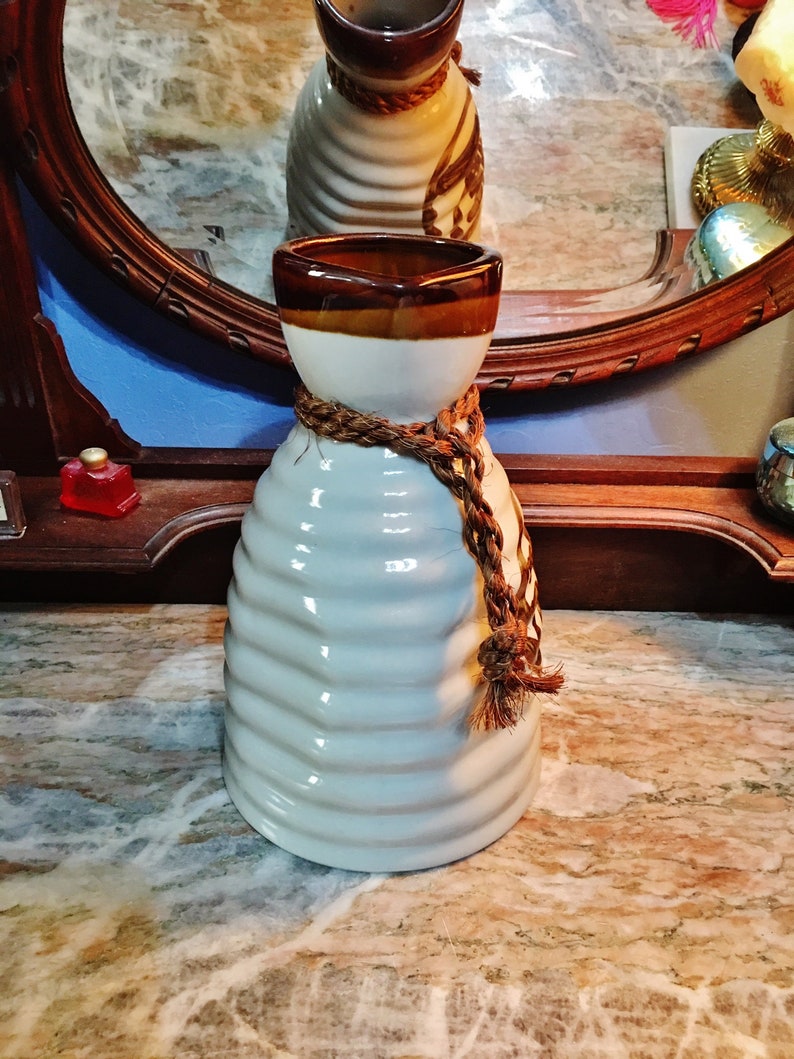 with Ribbed Design and Rope on Neck Vintage Japanese Ceramic Pitcher Saki or Water Circa 1970/'s