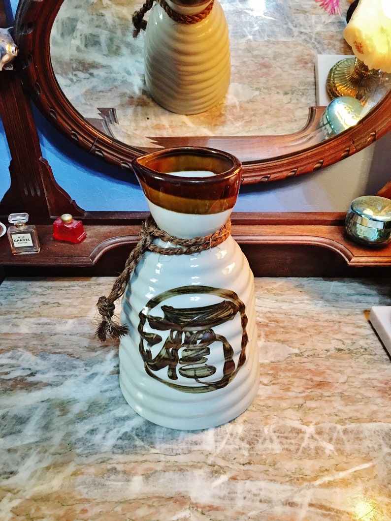 with Ribbed Design and Rope on Neck Vintage Japanese Ceramic Pitcher Saki or Water Circa 1970/'s