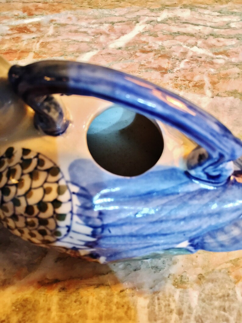 Vintage Ceramic Hand Painted Blue White Pink and Brown Duck Top Handle Teapot Green
