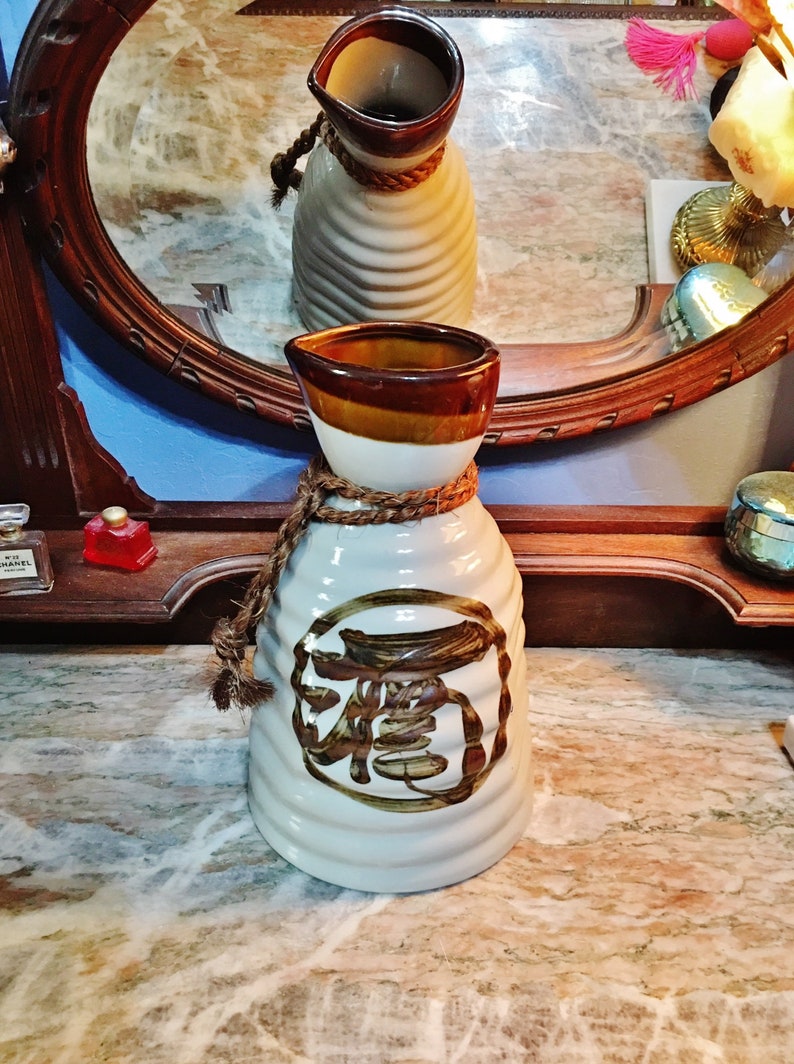 with Ribbed Design and Rope on Neck Vintage Japanese Ceramic Pitcher Saki or Water Circa 1970/'s