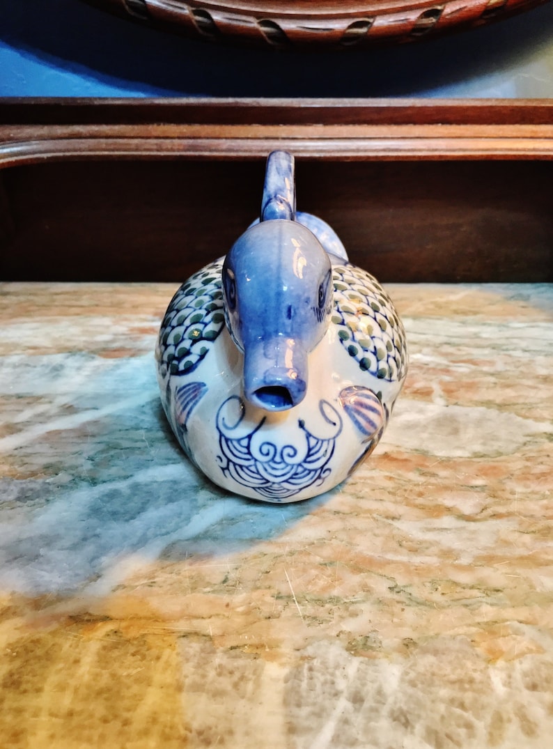 Vintage Ceramic Hand Painted Blue White Pink and Brown Duck Top Handle Teapot Green