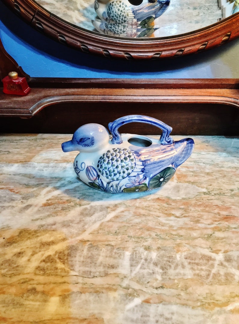 Vintage Ceramic Hand Painted Blue White Pink and Brown Duck Top Handle Teapot Green