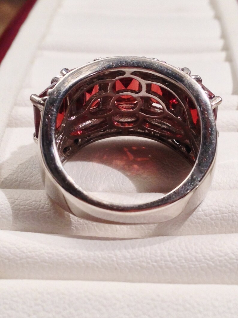 5 Stone Octagon Cut Garnet and Black Spinel Ring Sterling Silver Size 6