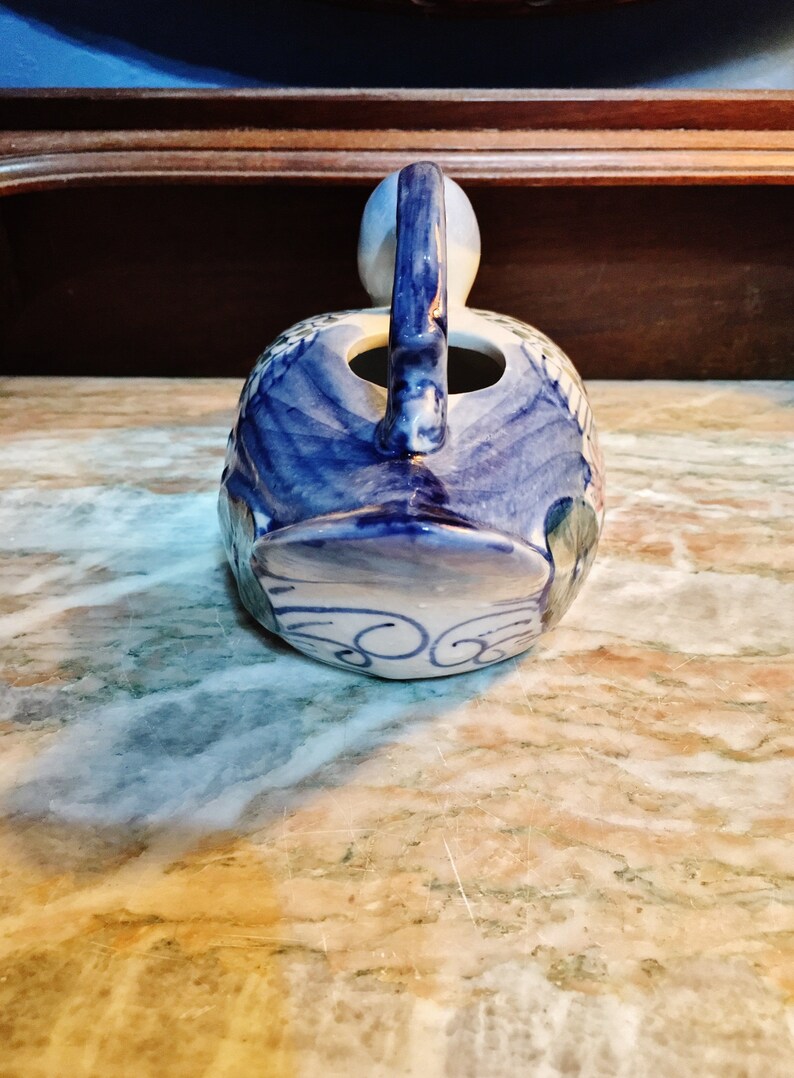 Vintage Ceramic Hand Painted Blue White Pink and Brown Duck Top Handle Teapot Green