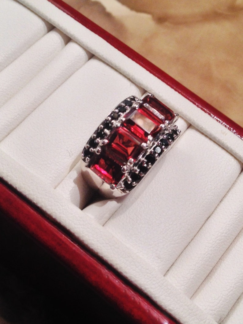 5 Stone Octagon Cut Garnet and Black Spinel Ring Sterling Silver Size 6