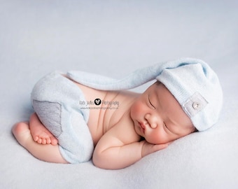 Newborn 'JAXON' baby blue pants & sleepy knot beanie  set baby photo