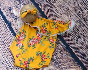 Sitter 'LETTY'  floral romper  flower romper off shoulder romper baby girl  floral mustard flowers romper headband photo prop  romper