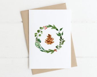Christmas Wreath Watercolor Blank Card Minimal, Printable Instant Download, Holiday Greeting Card Print, Digital Download, Foldable