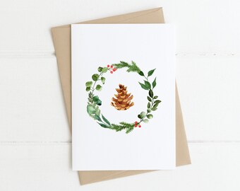 Christmas Wreath Watercolor Blank Card Minimal, Printable Instant Download, Holiday Greeting Card Print, Digital Download, Foldable