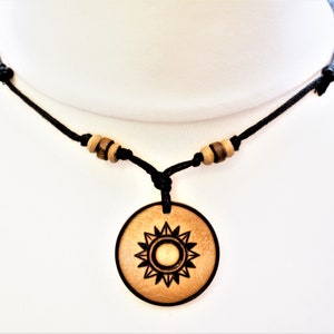 Sun Pendant, Mens Wood Jewellery, Mens Tribal Choker, Black Cord Necklace, Beaded Necklace