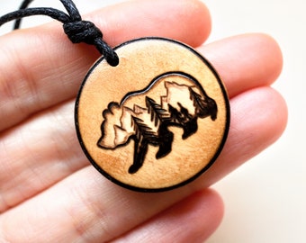 Mens Bear Necklace, Wooden Personalised Mountain Bear Jewellery, Dad Gifts, Fathers Day Gift