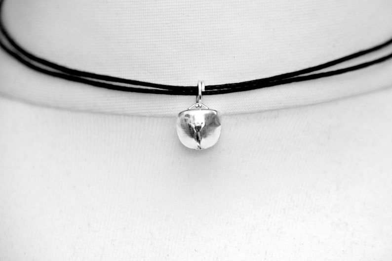 Cat Bell Choker in Silver or Gold, Rope Necklace, Ladies Kitten Collar on Adjustable Cord, Gothic Jewellery Gift Silver