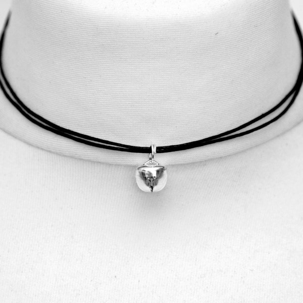 Cat Bell Choker in Silver or Gold, Rope Necklace, Ladies Kitten Collar on Adjustable Cord, Gothic Jewellery Gift