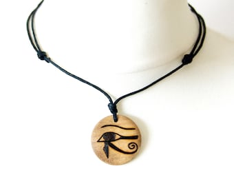 Egyptian Eye of Horus Wooden Necklace, Handmade Personalised Pyrography Ancient Egypt Symbol of Protection Amulet